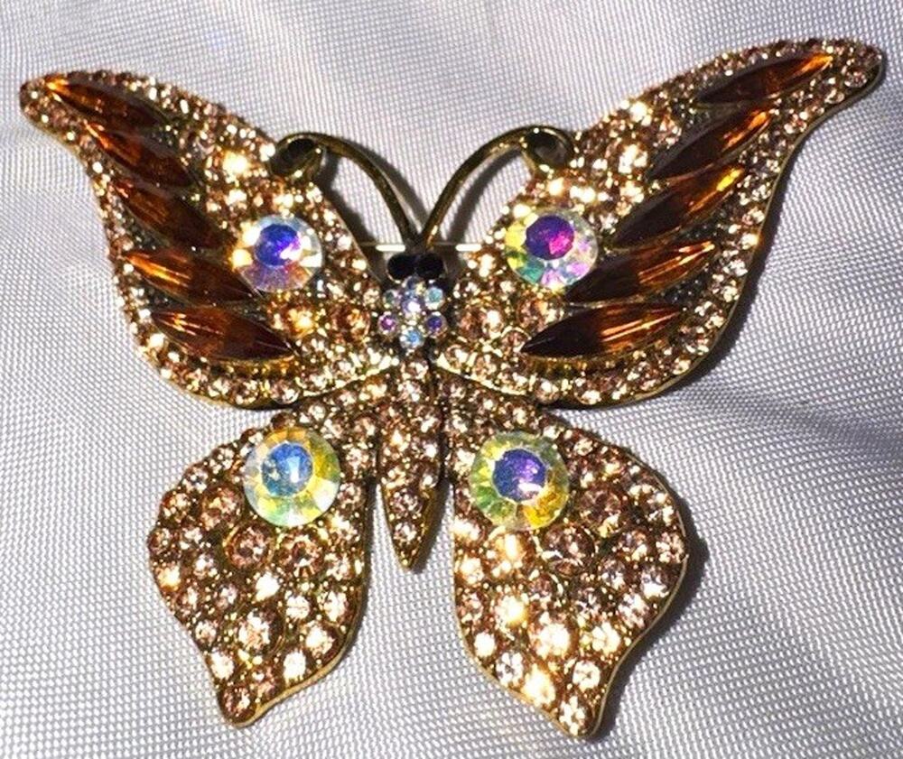 Large Butterfly Brooch Brown Champagne Rhinestone GoldTone Statement Jewelry Pin